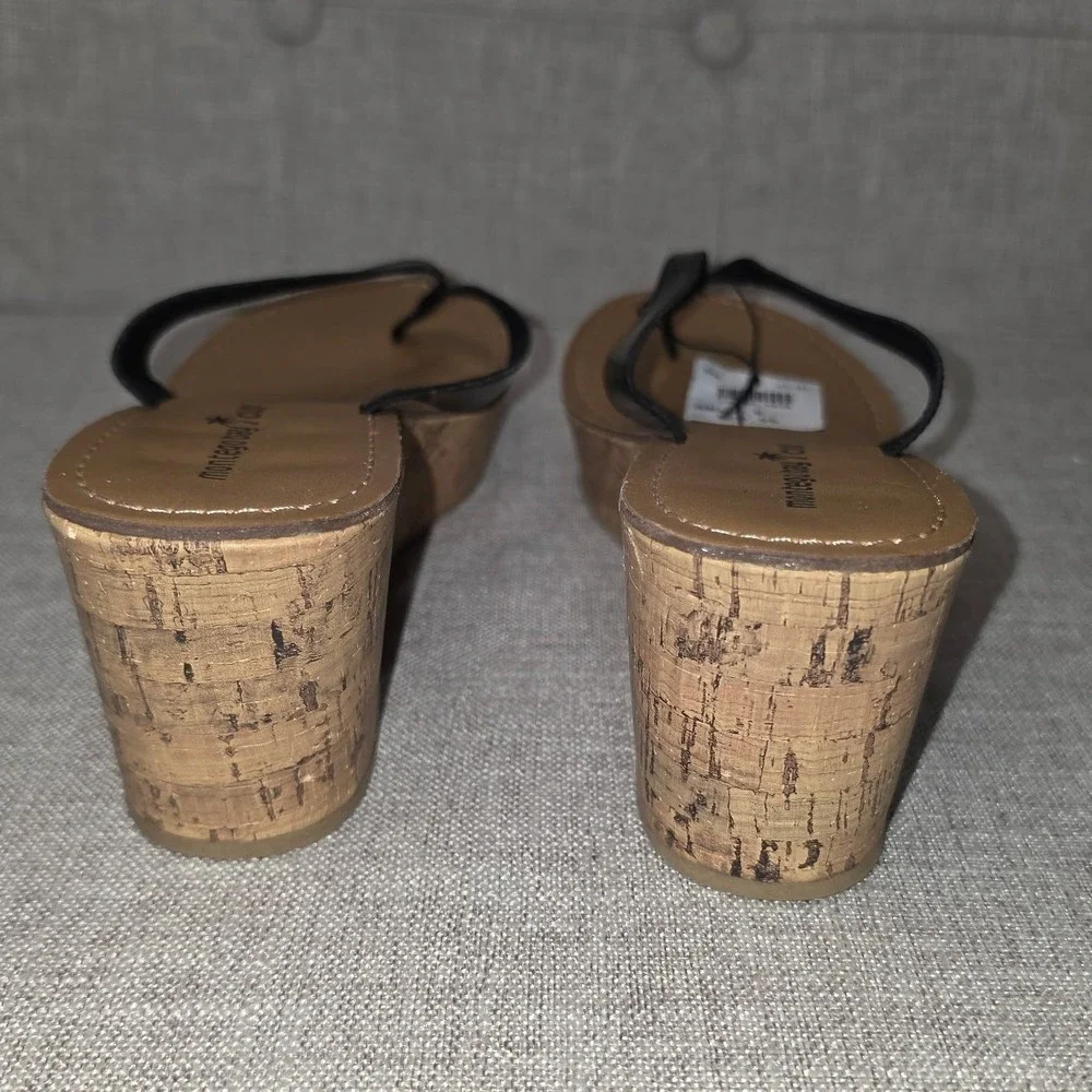 Y2K Montego Bay Club Womens Black Patent Cork Wedge Thong Sandals Size 9 139985
